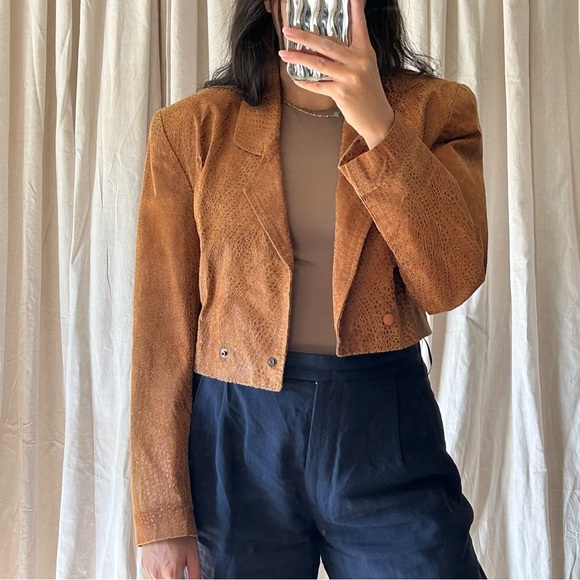 Vintage Danier Camel Leather Croco Crop Blazer - Picture 1 of 11